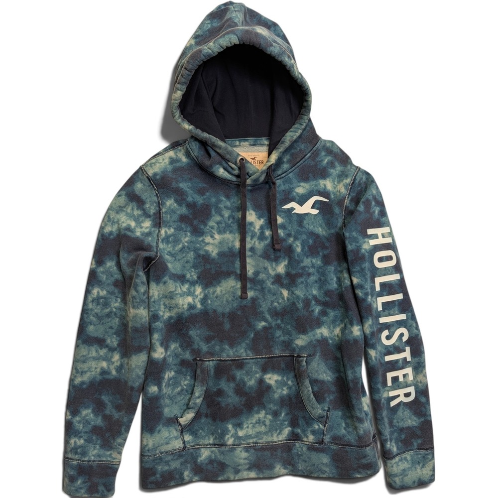 Hollister Mens Hoodie Size M Tie Dye Logo Graphic Pullover Blue Navy